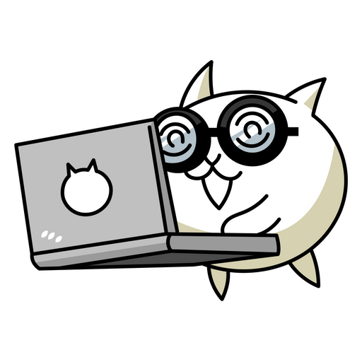 Battle Cats cat in nerd glasses typing on a laptop