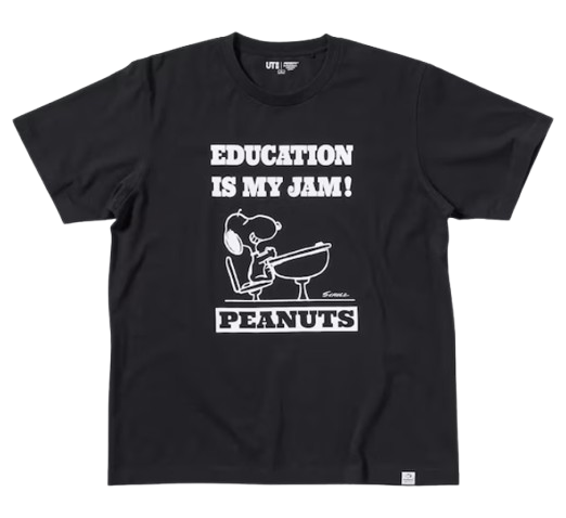 Black Snoopy T-shirt with the words Education is my jam!